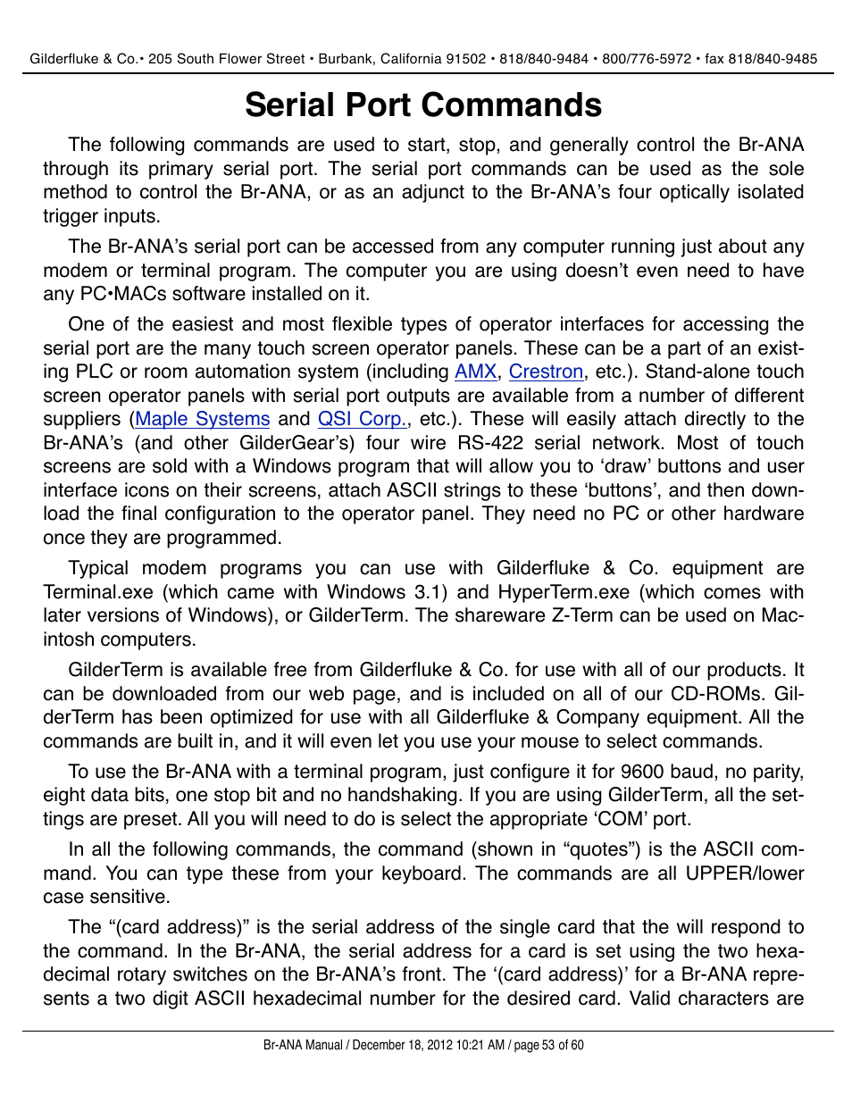 Serial port commands | Gilderfluke&Co BR-ANA Analog Output Smart/Dumb Brick User Manual | Page 53 / 60