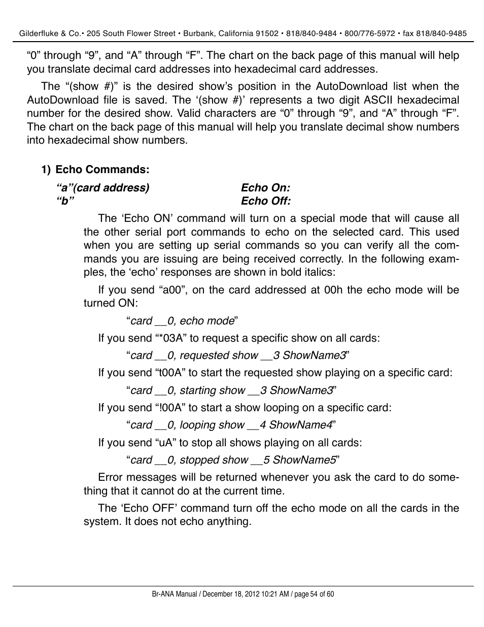 Echo commands | Gilderfluke&Co BR-ANA Analog Output Smart/Dumb Brick User Manual | Page 54 / 60