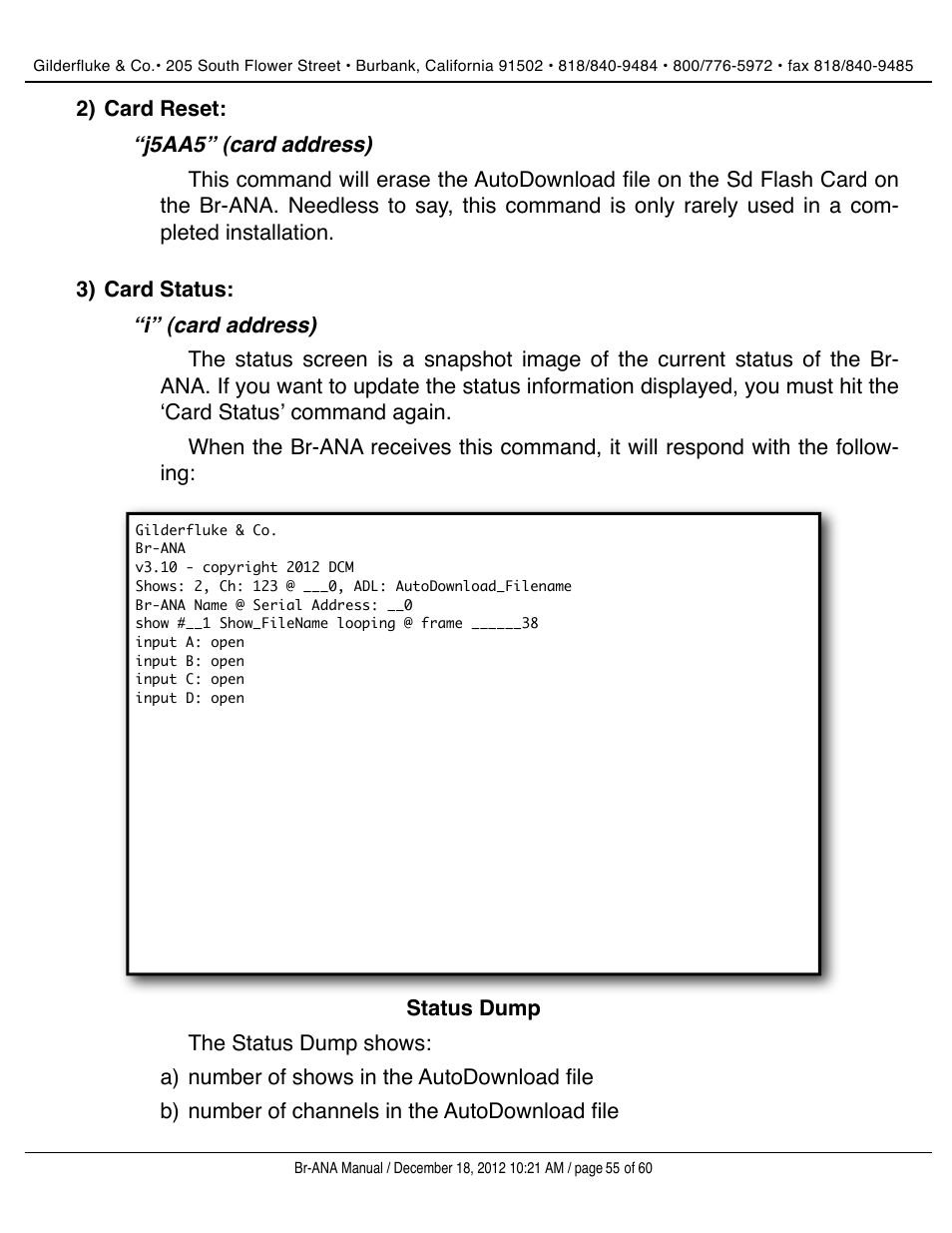Card reset, Card status | Gilderfluke&Co BR-ANA Analog Output Smart/Dumb Brick User Manual | Page 55 / 60