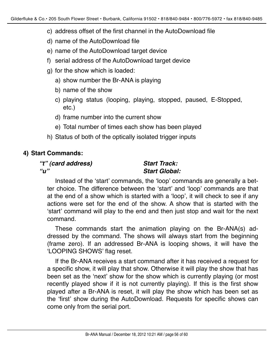 Start commands | Gilderfluke&Co BR-ANA Analog Output Smart/Dumb Brick User Manual | Page 56 / 60