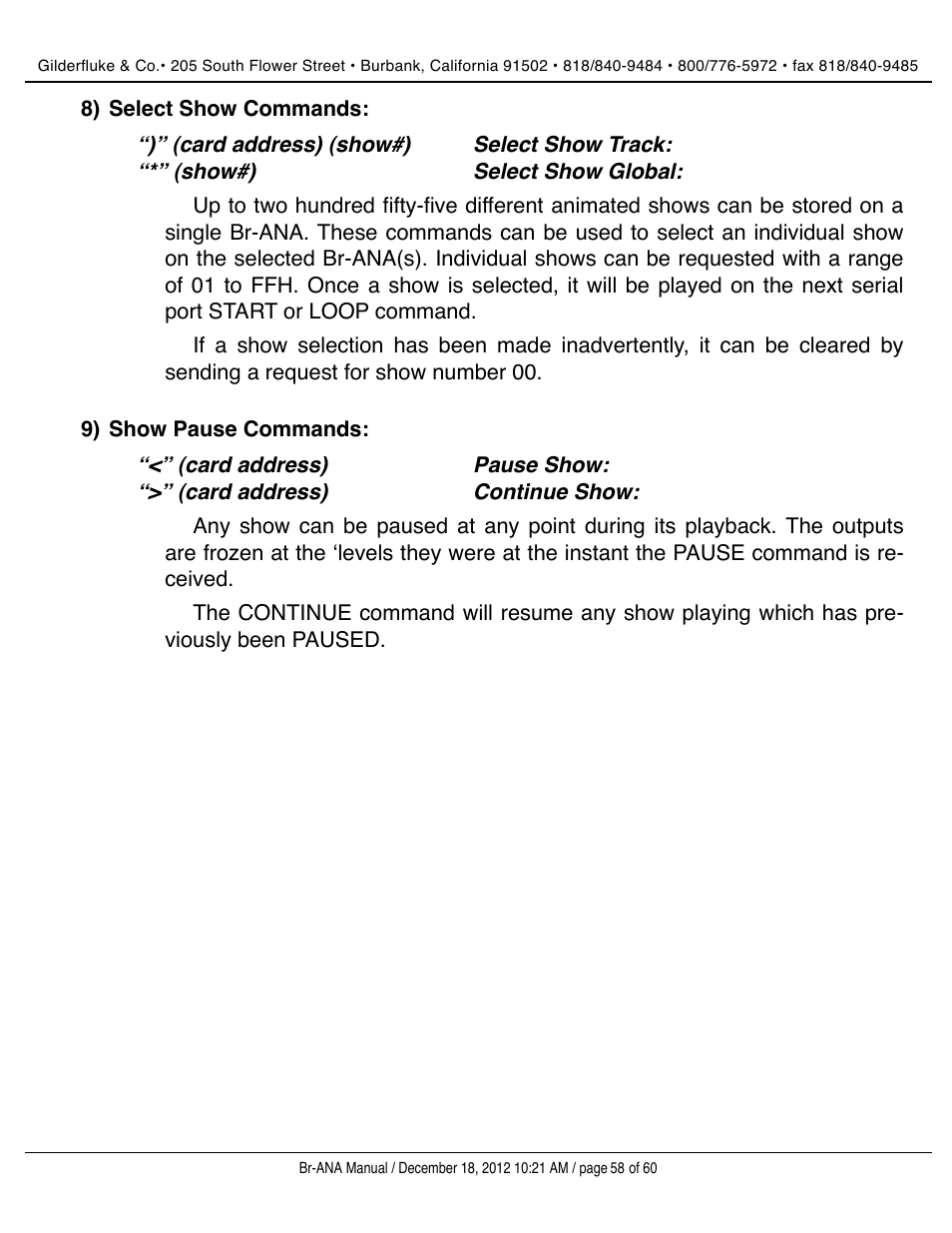 Select show commands, Show pause commands | Gilderfluke&Co BR-ANA Analog Output Smart/Dumb Brick User Manual | Page 58 / 60