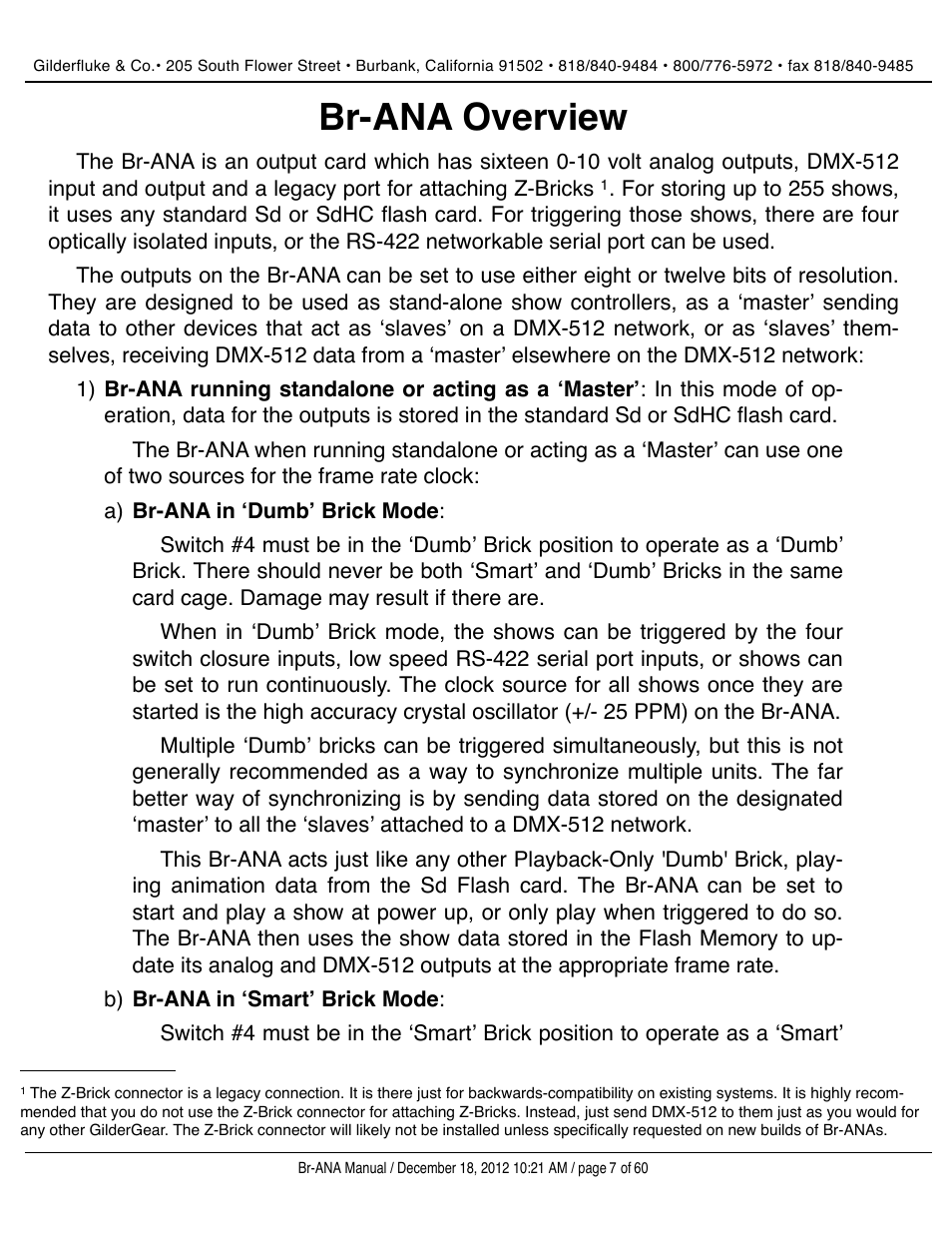 Br-ana overview | Gilderfluke&Co BR-ANA Analog Output Smart/Dumb Brick User Manual | Page 7 / 60