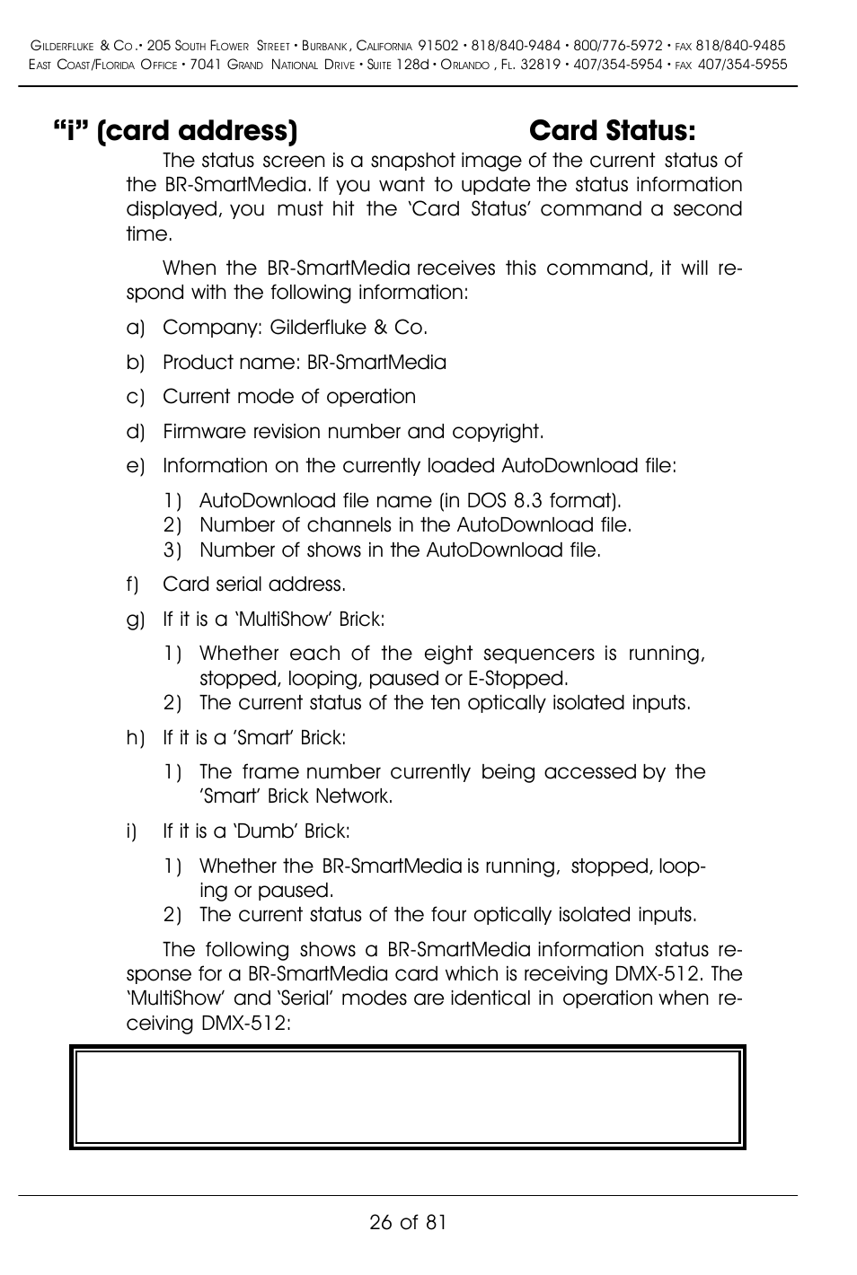 I” (card address) card status, 26 of 81 | Gilderfluke&Co BR-SmartMedia User Manual | Page 34 / 89