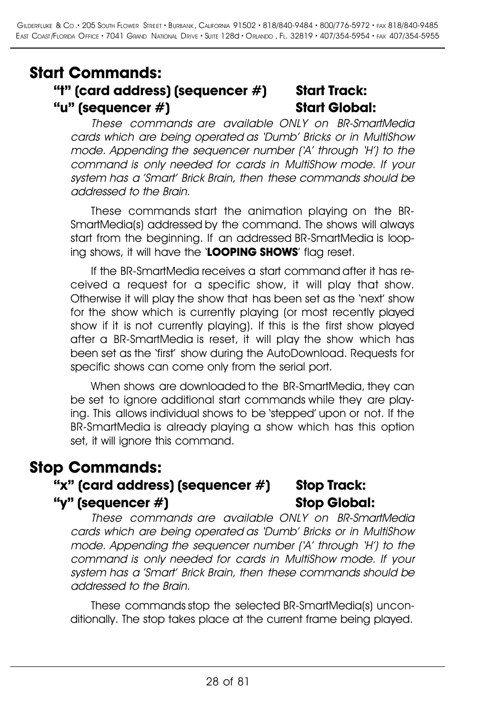 Start commands, Stop commands, 28 of 81 | Gilderfluke&Co BR-SmartMedia User Manual | Page 36 / 89