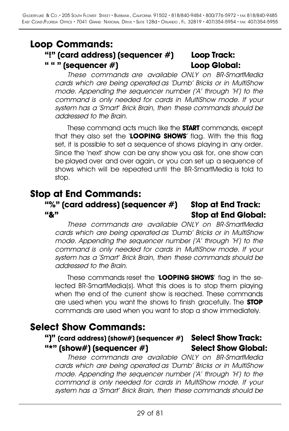 Loop commands, Stop at end commands, Select show commands | Gilderfluke&Co BR-SmartMedia User Manual | Page 37 / 89