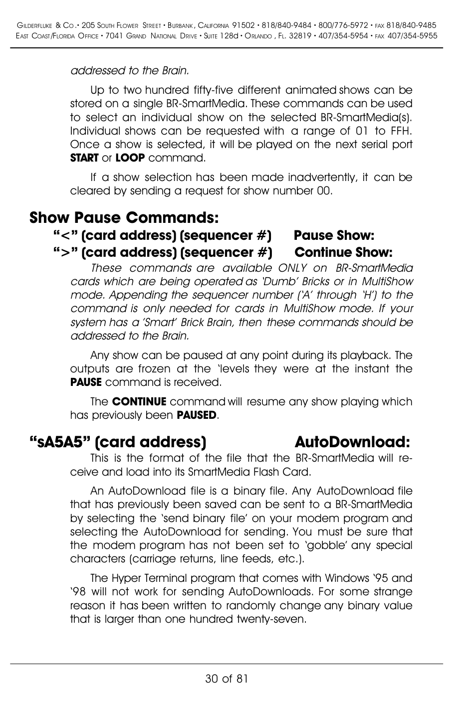 Show pause commands, Sa5a5” (card address) autodownload, Addressed to the brain | 30 of 81 | Gilderfluke&Co BR-SmartMedia User Manual | Page 38 / 89