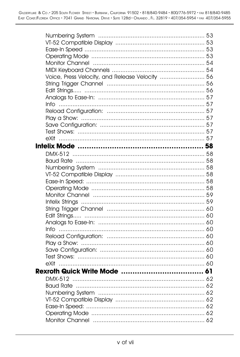 Intelix mode, Rexroth quick write mode, V of vii | Gilderfluke&Co BR-SmartMedia User Manual | Page 5 / 89