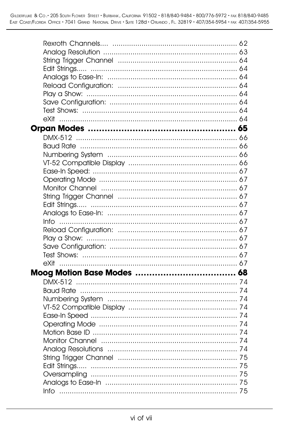 Orpan modes, Moog motion base modes, Vi of vii | Gilderfluke&Co BR-SmartMedia User Manual | Page 6 / 89