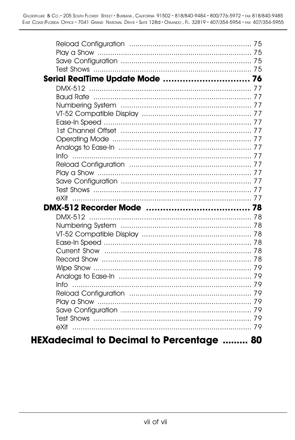 Hexadecimal to decimal to percentage, Serial realtime update mode, Dmx-512 recorder mode | Vii of vii | Gilderfluke&Co BR-SmartMedia User Manual | Page 7 / 89