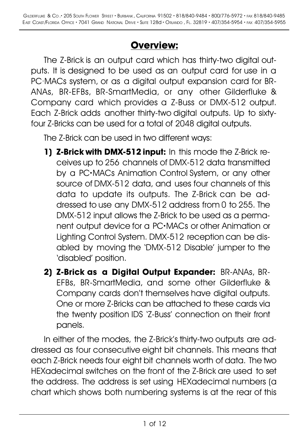 Overview, 1 of 12 | Gilderfluke&Co Z-Brick User Manual | Page 5 / 16