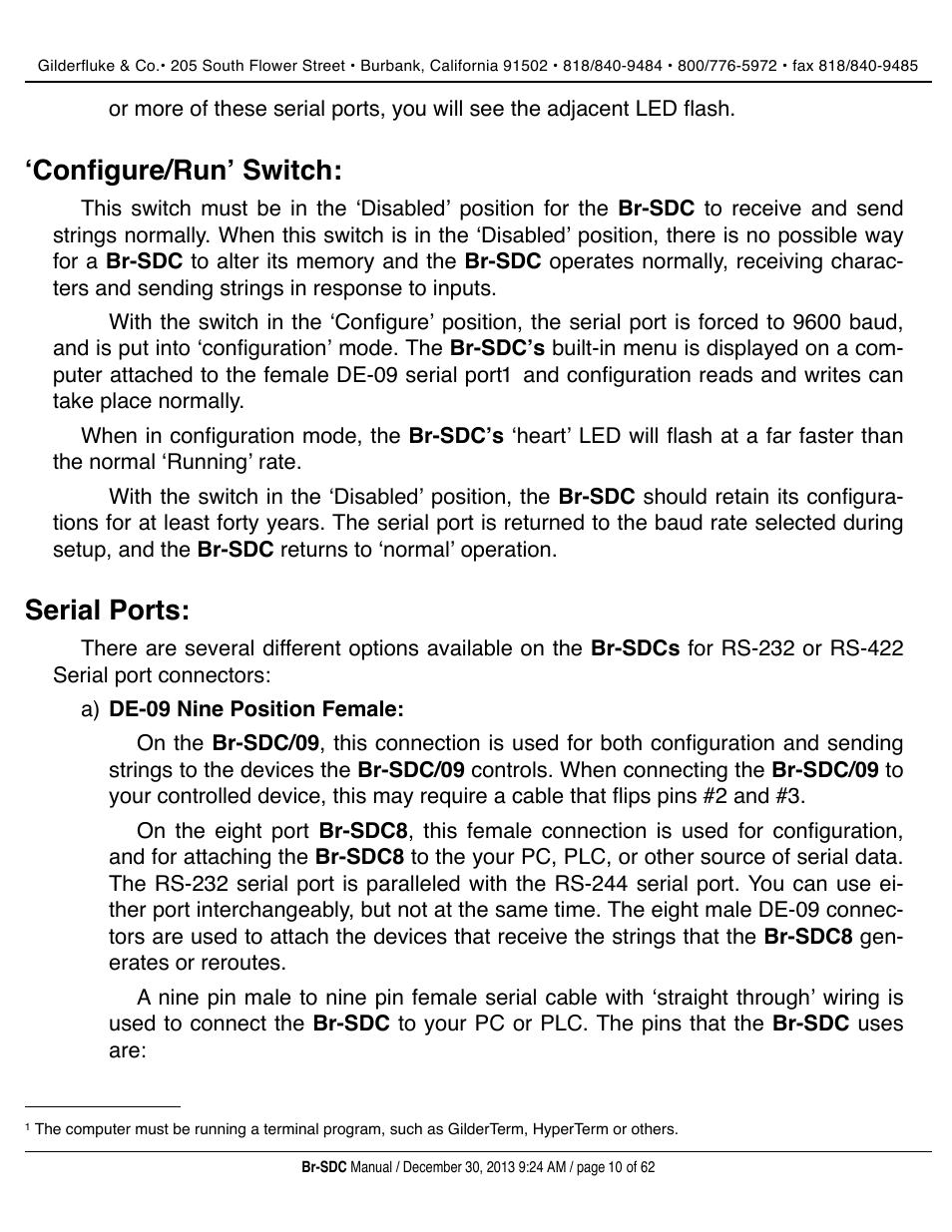 ʻconfigure/runʼ switch, Serial ports | Gilderfluke&Co BR-SDC Serial Device Controller User Manual | Page 10 / 62