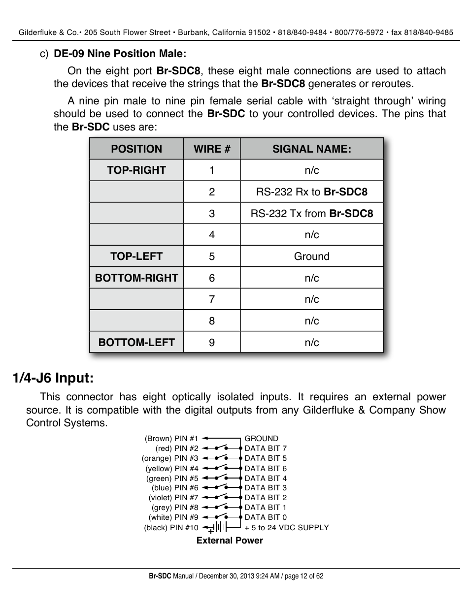 1/4-j6 input | Gilderfluke&Co BR-SDC Serial Device Controller User Manual | Page 12 / 62