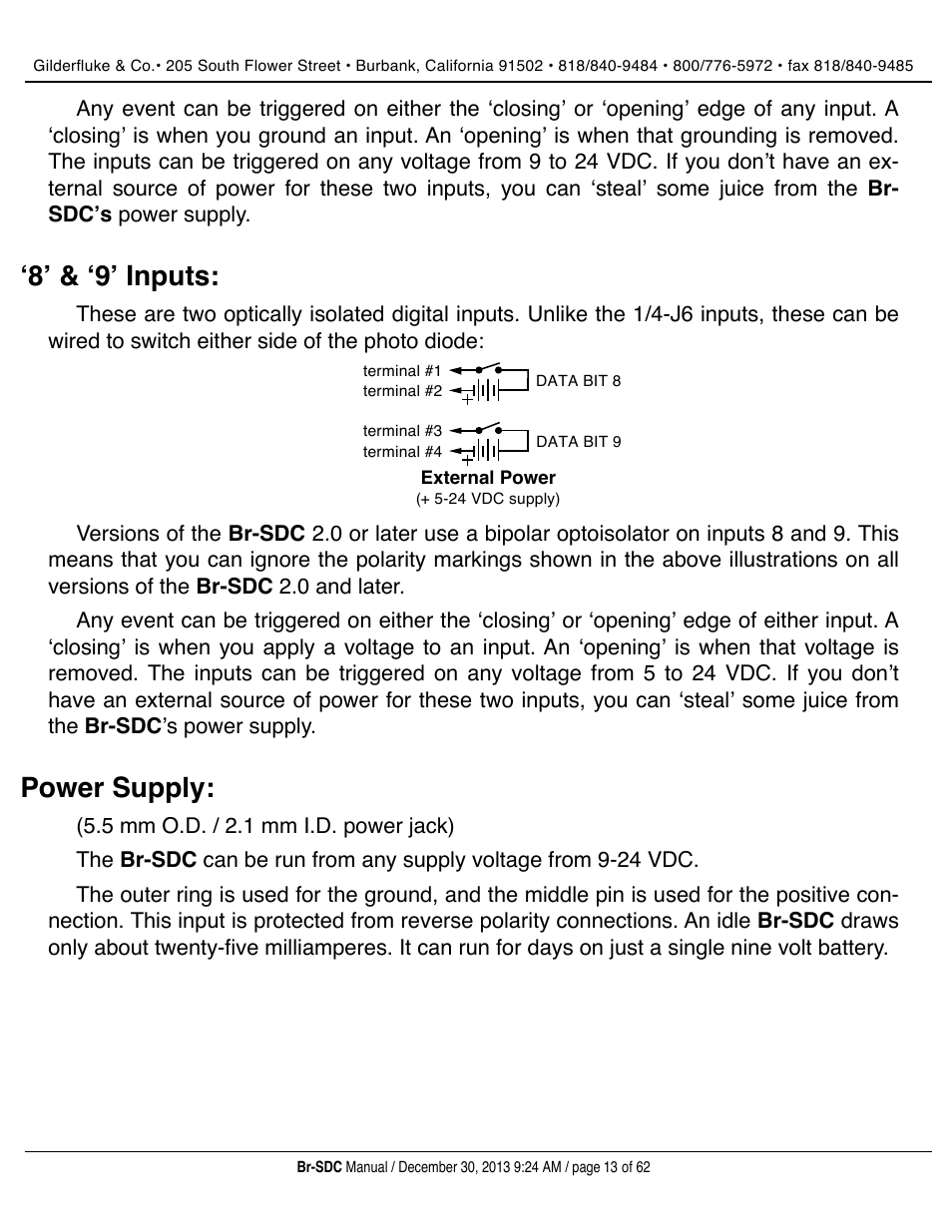 ʻ8ʼ & ʻ9ʼ inputs, Power supply | Gilderfluke&Co BR-SDC Serial Device Controller User Manual | Page 13 / 62