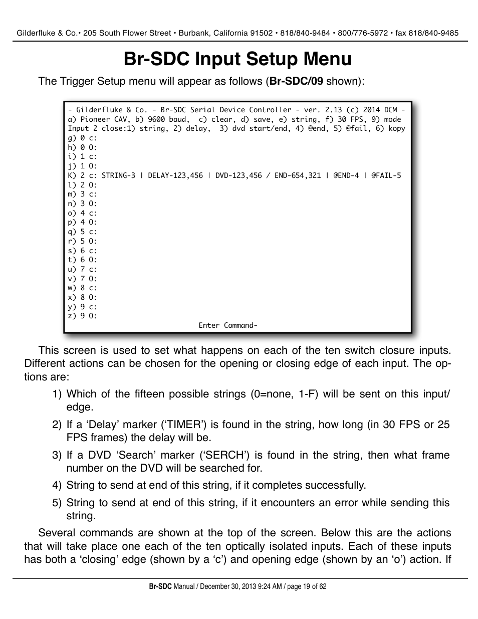 Br-sdc input setup menu | Gilderfluke&Co BR-SDC Serial Device Controller User Manual | Page 19 / 62