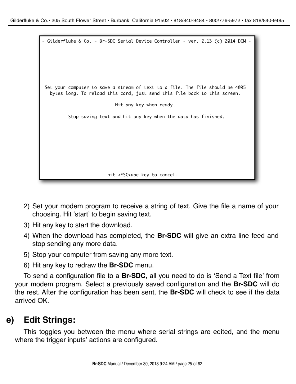 Edit strings, E) edit strings | Gilderfluke&Co BR-SDC Serial Device Controller User Manual | Page 25 / 62