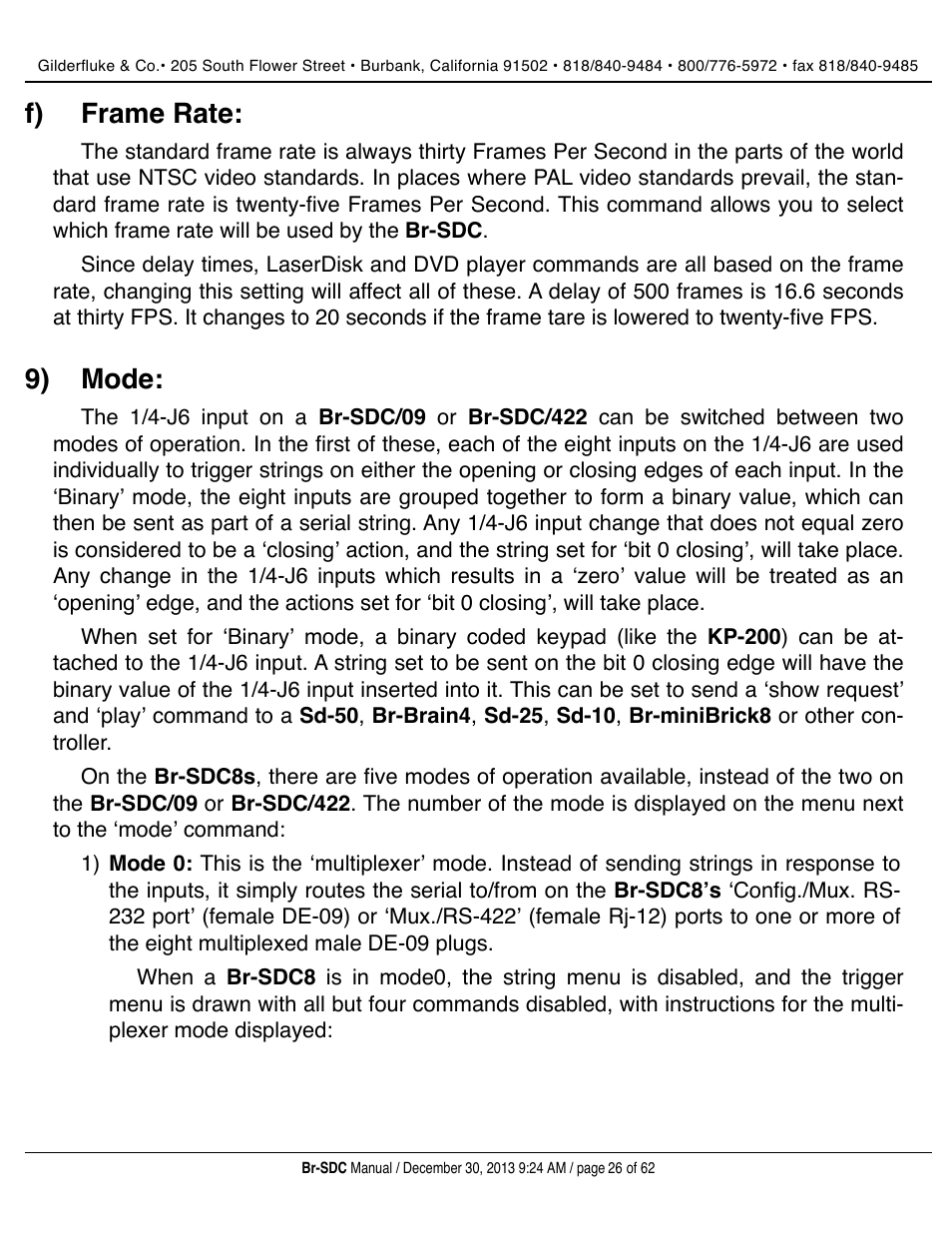 Frame rate, Mode, F) frame rate | 9) mode | Gilderfluke&Co BR-SDC Serial Device Controller User Manual | Page 26 / 62