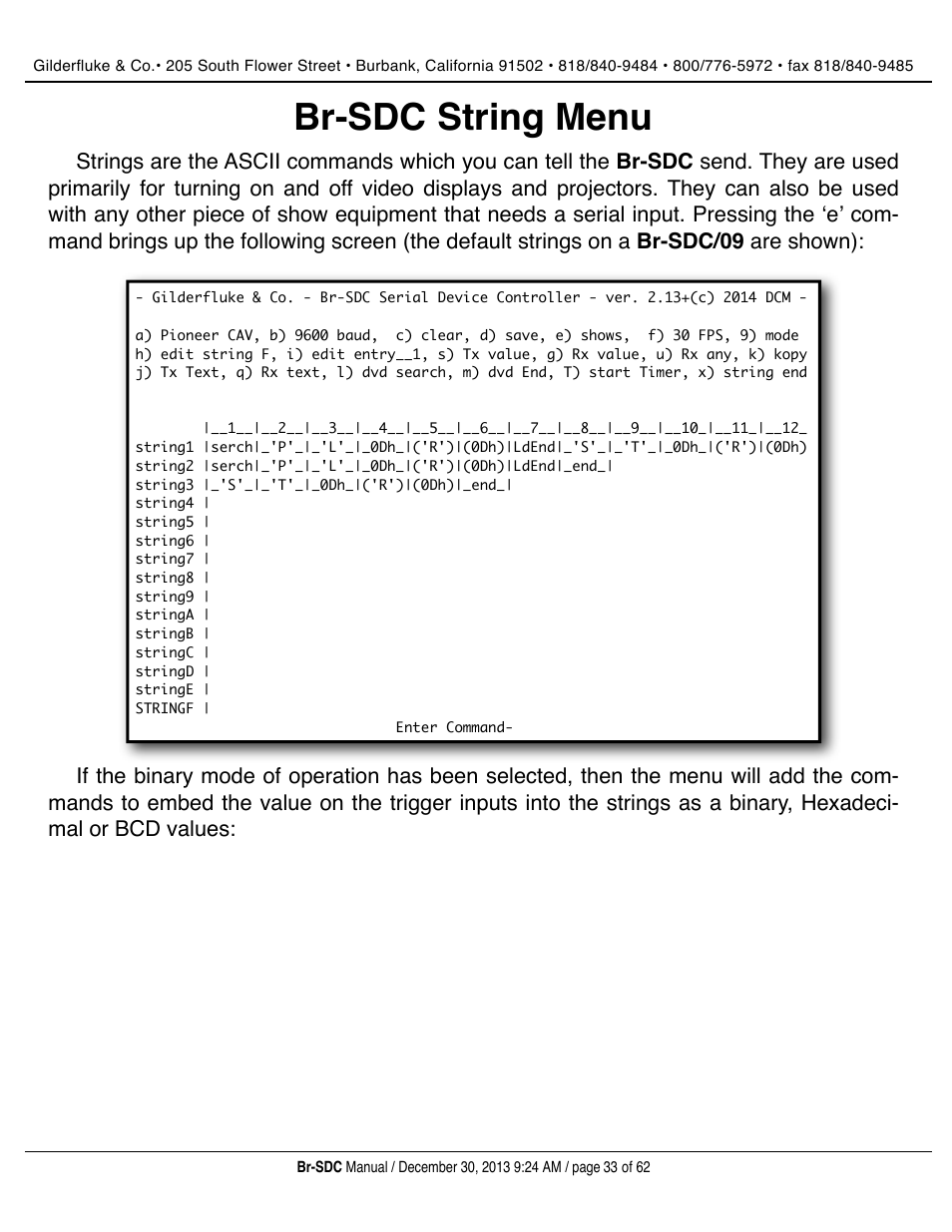 Br-sdc string menu | Gilderfluke&Co BR-SDC Serial Device Controller User Manual | Page 33 / 62