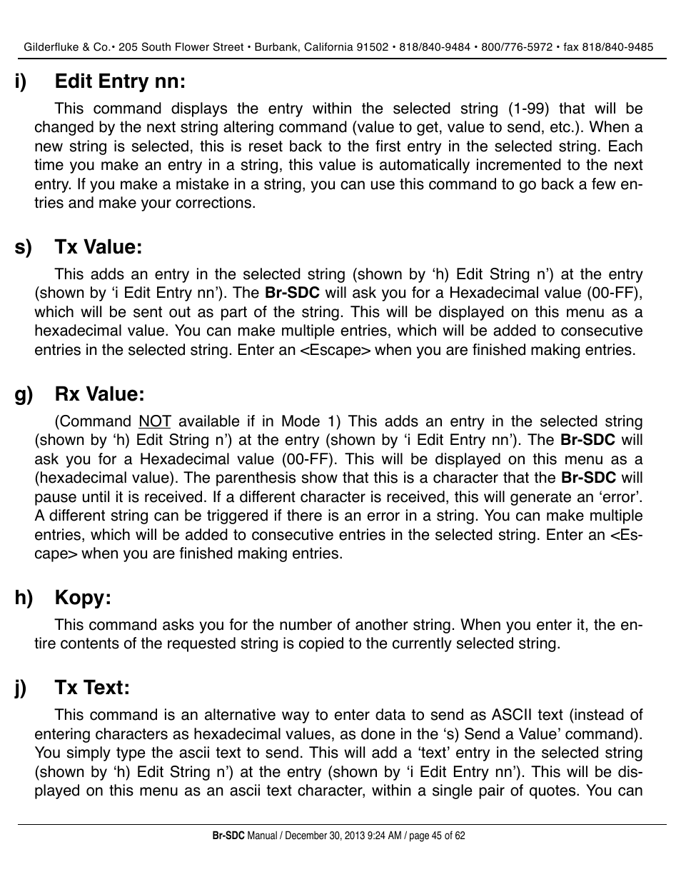 Edit entry nn, Tx value, Rx value | Kopy, Tx text, I) edit entry nn, S) tx value, G) rx value, H) kopy, J) tx text | Gilderfluke&Co BR-SDC Serial Device Controller User Manual | Page 45 / 62