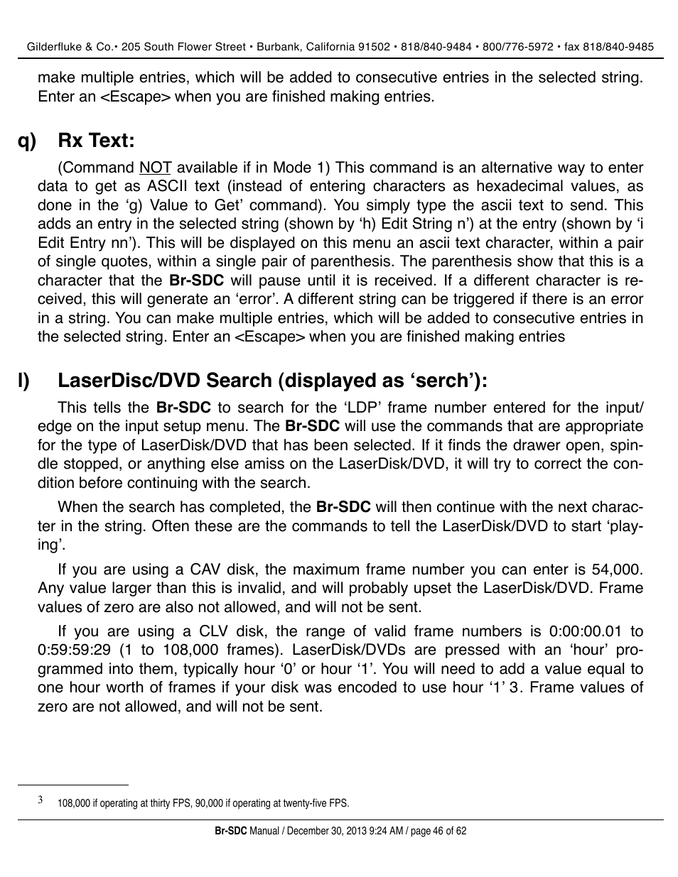 Rx text, Laserdisc/dvd search (displayed as ʻserchʼ), Q) rx text | L) laserdisc/dvd search (displayed as ʻserchʼ) | Gilderfluke&Co BR-SDC Serial Device Controller User Manual | Page 46 / 62