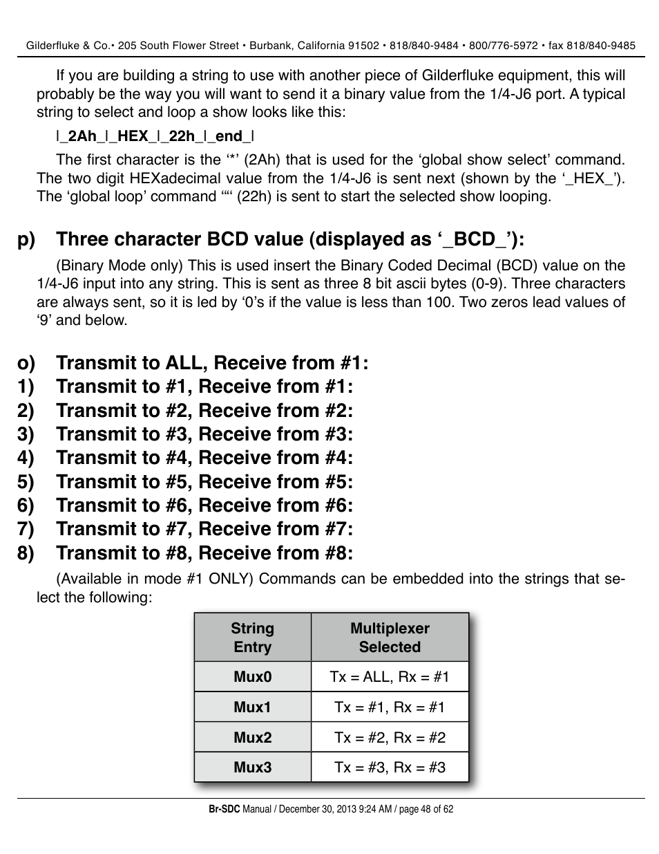Three character bcd value (displayed as ʻ_bcd_ʼ), Transmit to all, receive from #1, Transmit to #1, receive from #1 | Transmit to #2, receive from #2, Transmit to #3, receive from #3, Transmit to #4, receive from #4, Transmit to #5, receive from #5, Transmit to #6, receive from #6, Transmit to #7, receive from #7, Transmit to #8, receive from #8 | Gilderfluke&Co BR-SDC Serial Device Controller User Manual | Page 48 / 62