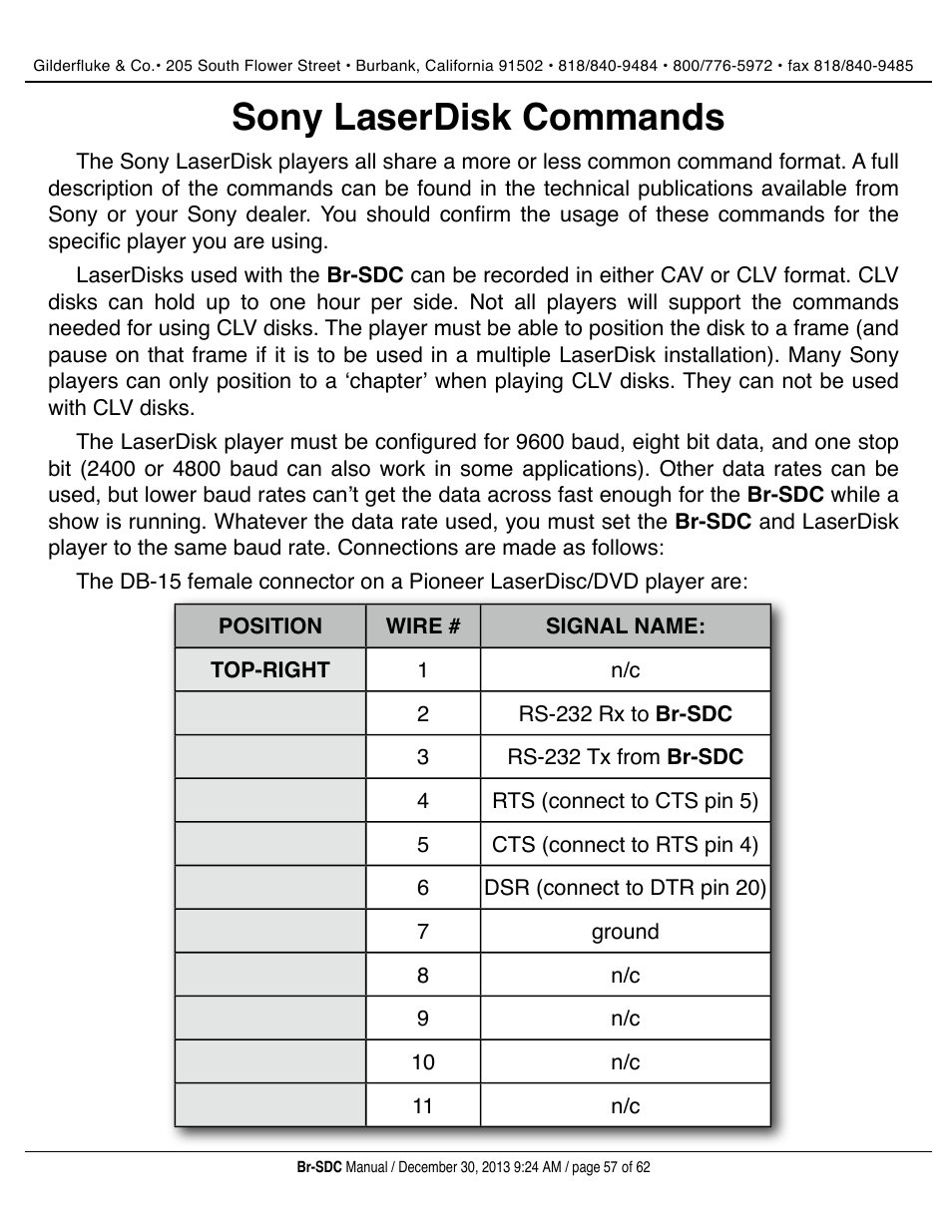 Sony laserdisk commands | Gilderfluke&Co BR-SDC Serial Device Controller User Manual | Page 57 / 62
