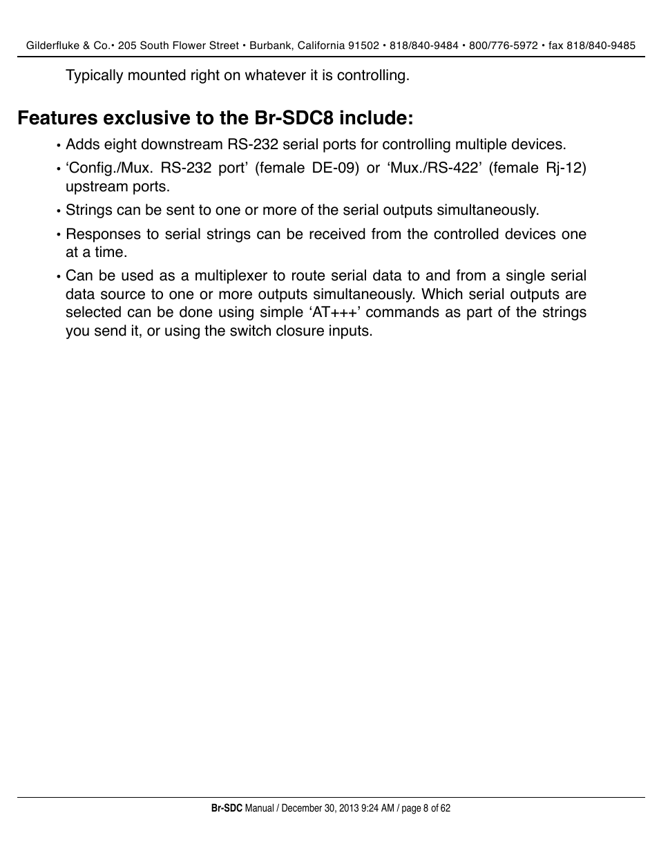 Features exclusive to the br-sdc8 include | Gilderfluke&Co BR-SDC Serial Device Controller User Manual | Page 8 / 62