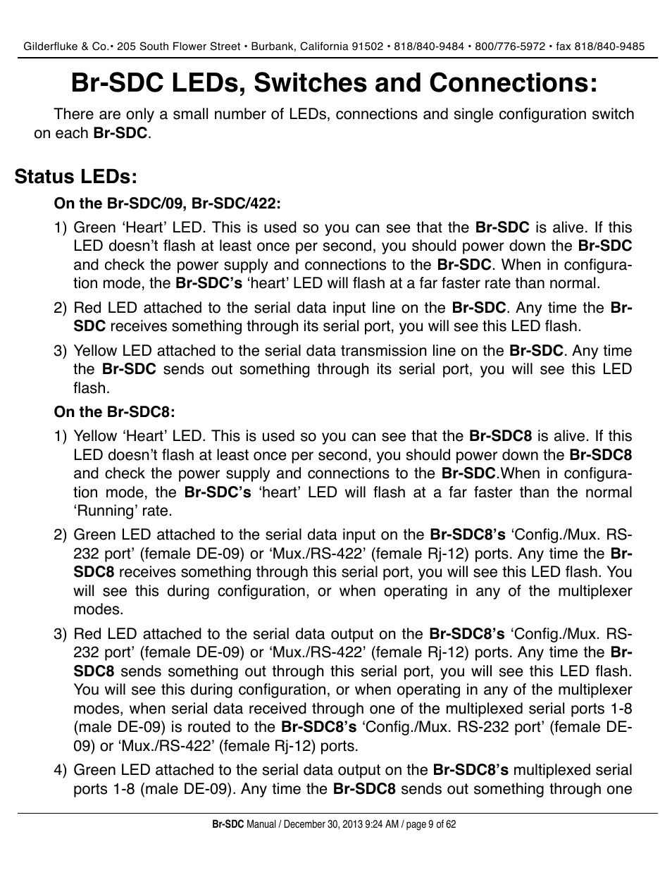 Br-sdc leds, switches and connections, Status leds | Gilderfluke&Co BR-SDC Serial Device Controller User Manual | Page 9 / 62