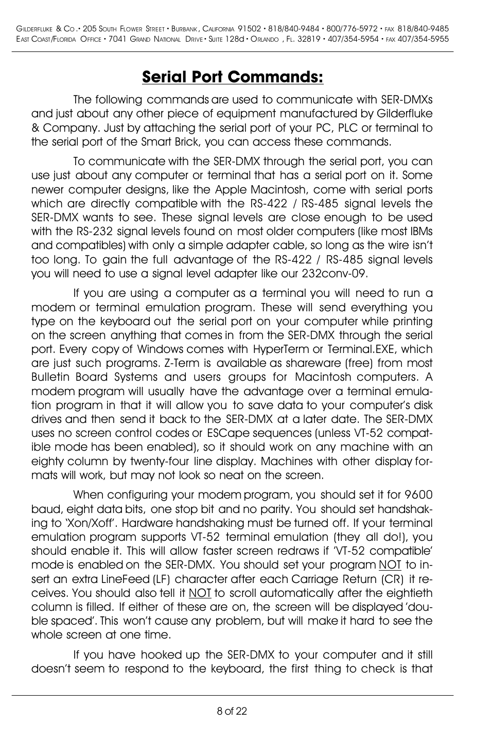 Serial port commands, 8 of 22 | Gilderfluke&Co DMX-512 Input Servo Motor Controller User Manual | Page 12 / 26