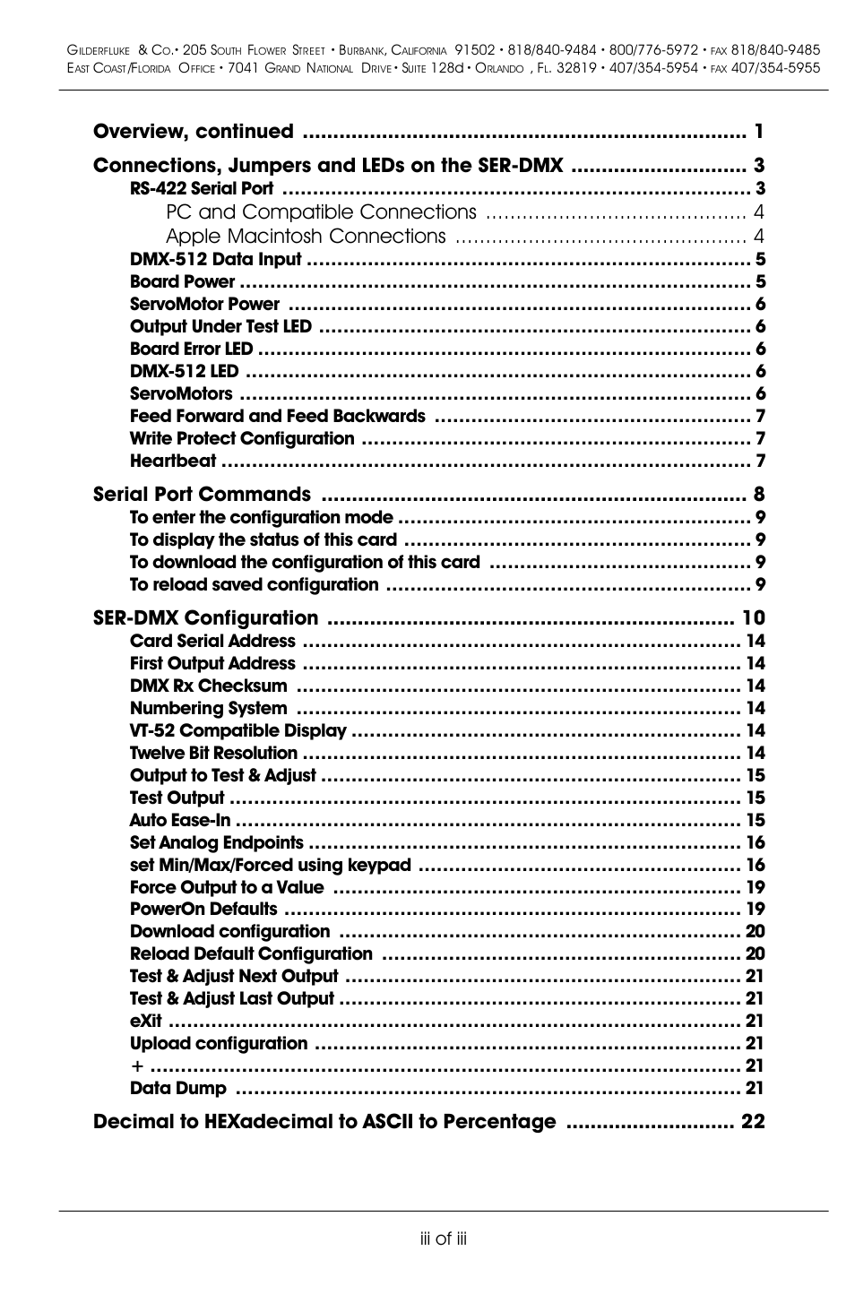 Serial port commands, Ser-dmx configuration, Decimal to hexadecimal to ascii to percentage | Rs-422 serial port, Iii of iii | Gilderfluke&Co DMX-512 Input Servo Motor Controller User Manual | Page 3 / 26