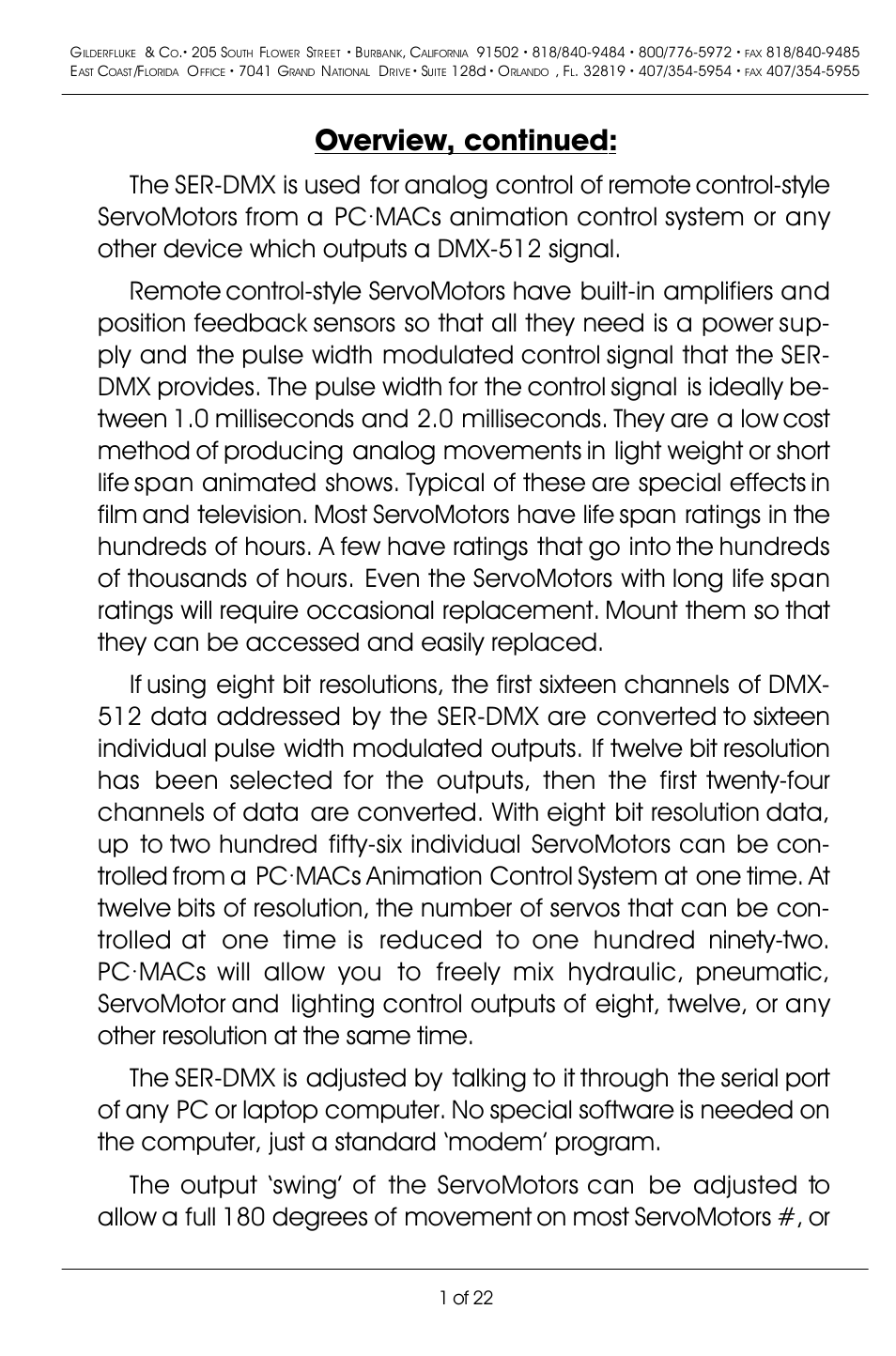 Overview, continued, 1 of 22 | Gilderfluke&Co DMX-512 Input Servo Motor Controller User Manual | Page 5 / 26