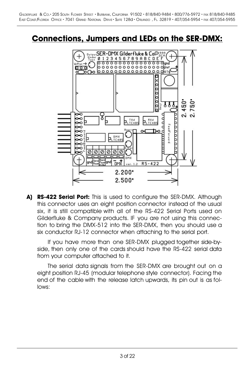 Connections, jumpers and leds on the ser-dmx, 3 of 22 | Gilderfluke&Co DMX-512 Input Servo Motor Controller User Manual | Page 7 / 26