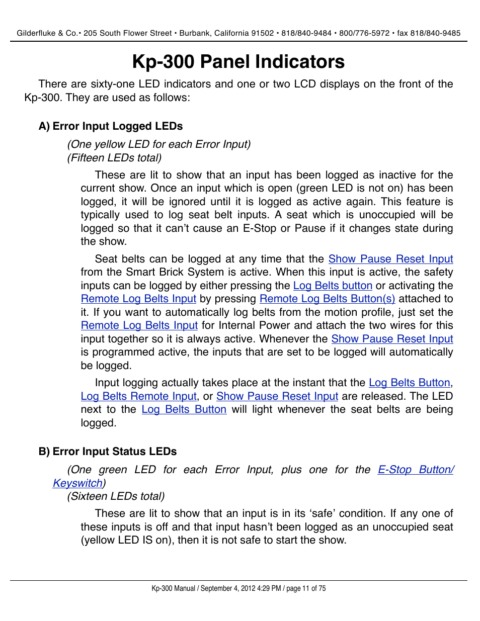 Kp-300 panel indicators, Error input logged leds, Error input status leds | Gilderfluke&Co KP-300 Smart Brick Control Panel User Manual | Page 11 / 75