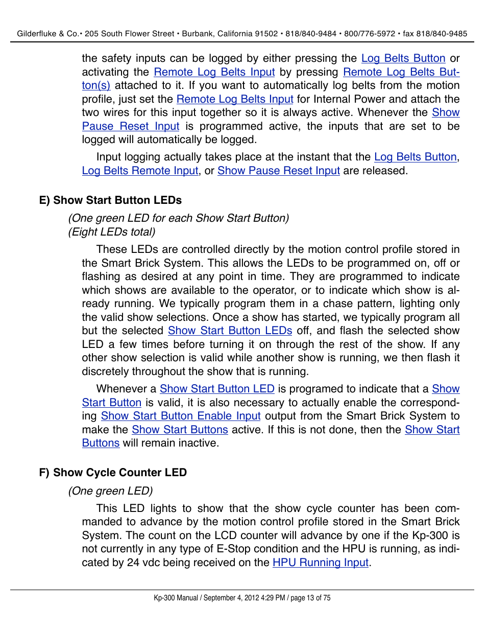Show start button leds, Show cycle counter led | Gilderfluke&Co KP-300 Smart Brick Control Panel User Manual | Page 13 / 75