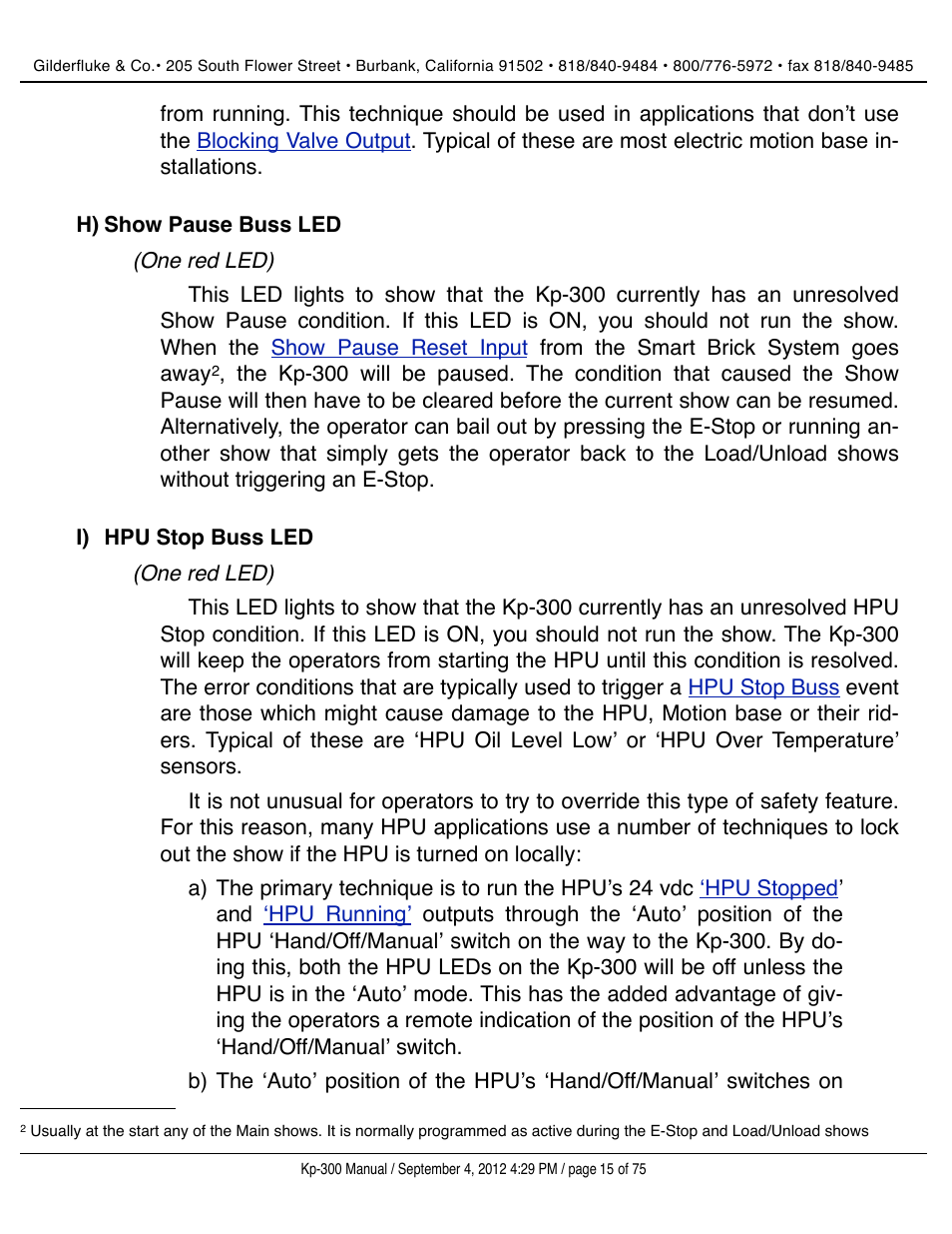 Show pause buss led, Hpu stop buss led | Gilderfluke&Co KP-300 Smart Brick Control Panel User Manual | Page 15 / 75