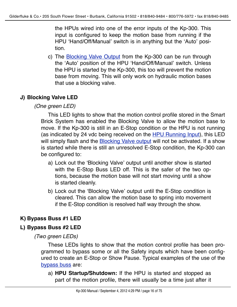 Blocking valve led, Bypass buss #1 led, Bypass buss #2 led | Gilderfluke&Co KP-300 Smart Brick Control Panel User Manual | Page 16 / 75