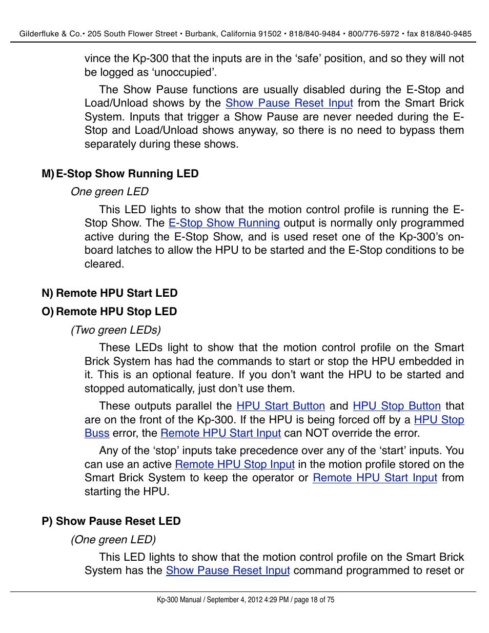 E-stop show running led, Remote hpu start led, Remote hpu stop led | Show pause reset led | Gilderfluke&Co KP-300 Smart Brick Control Panel User Manual | Page 18 / 75
