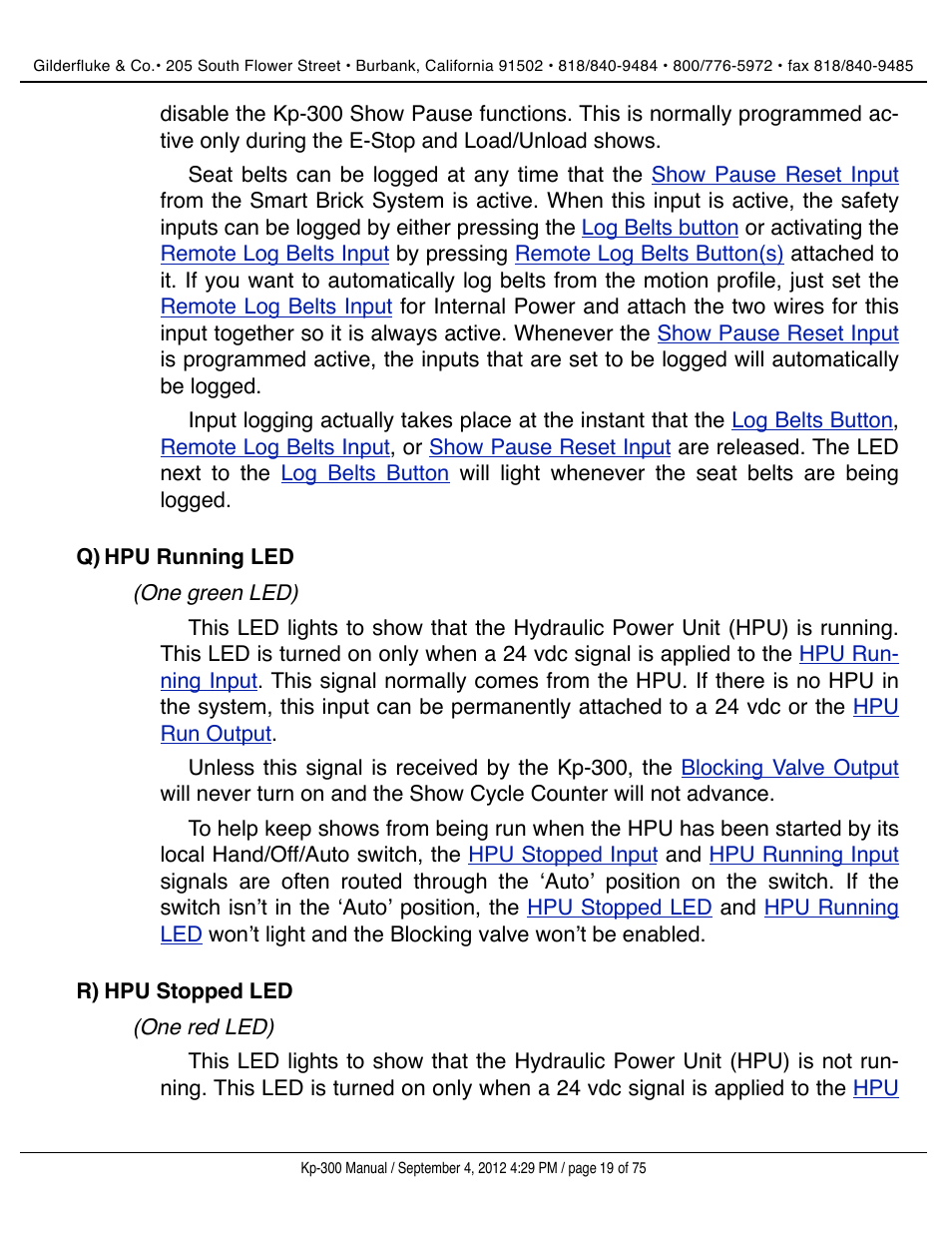 Hpu running led, Hpu stopped led | Gilderfluke&Co KP-300 Smart Brick Control Panel User Manual | Page 19 / 75