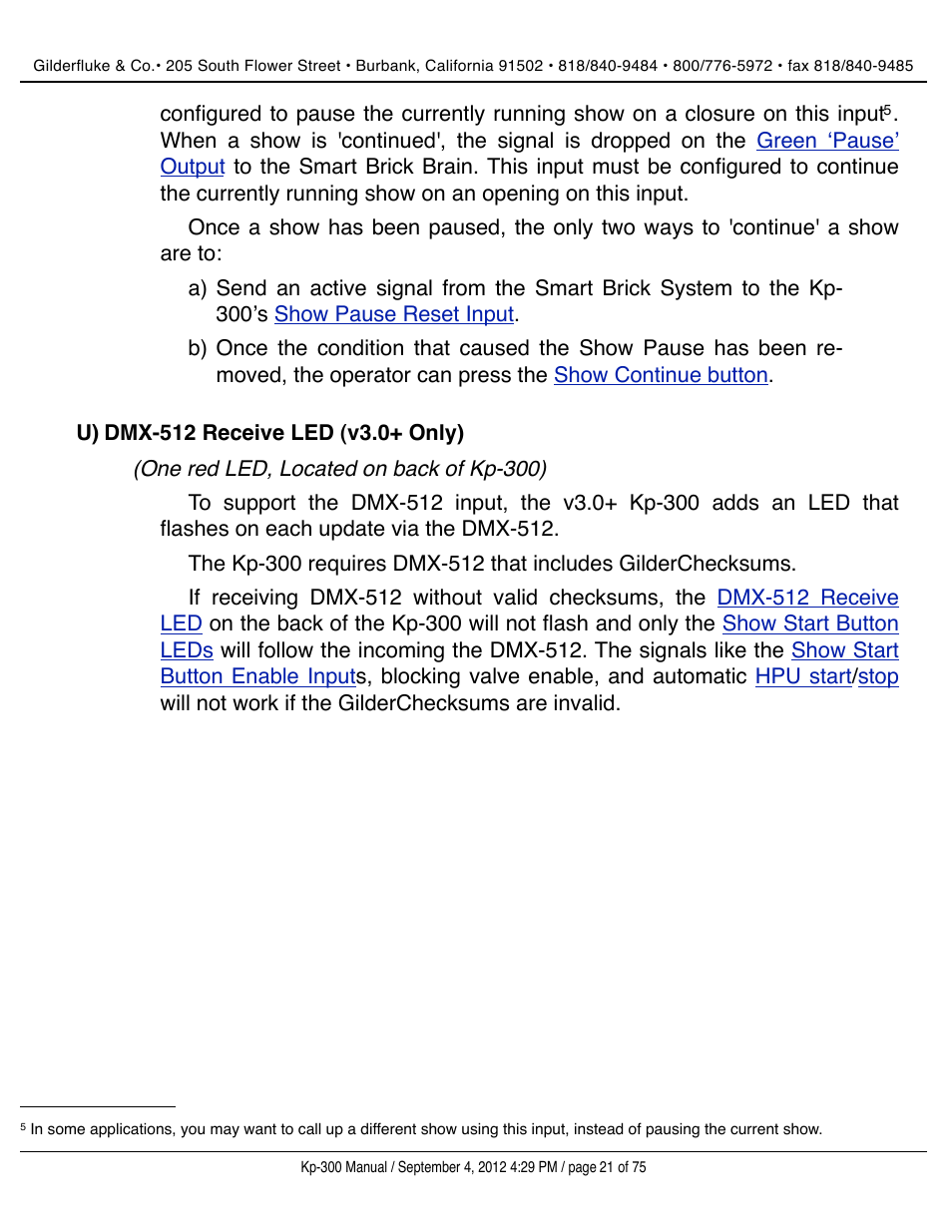 Dmx-512 receive led (v3.0+ only) | Gilderfluke&Co KP-300 Smart Brick Control Panel User Manual | Page 21 / 75