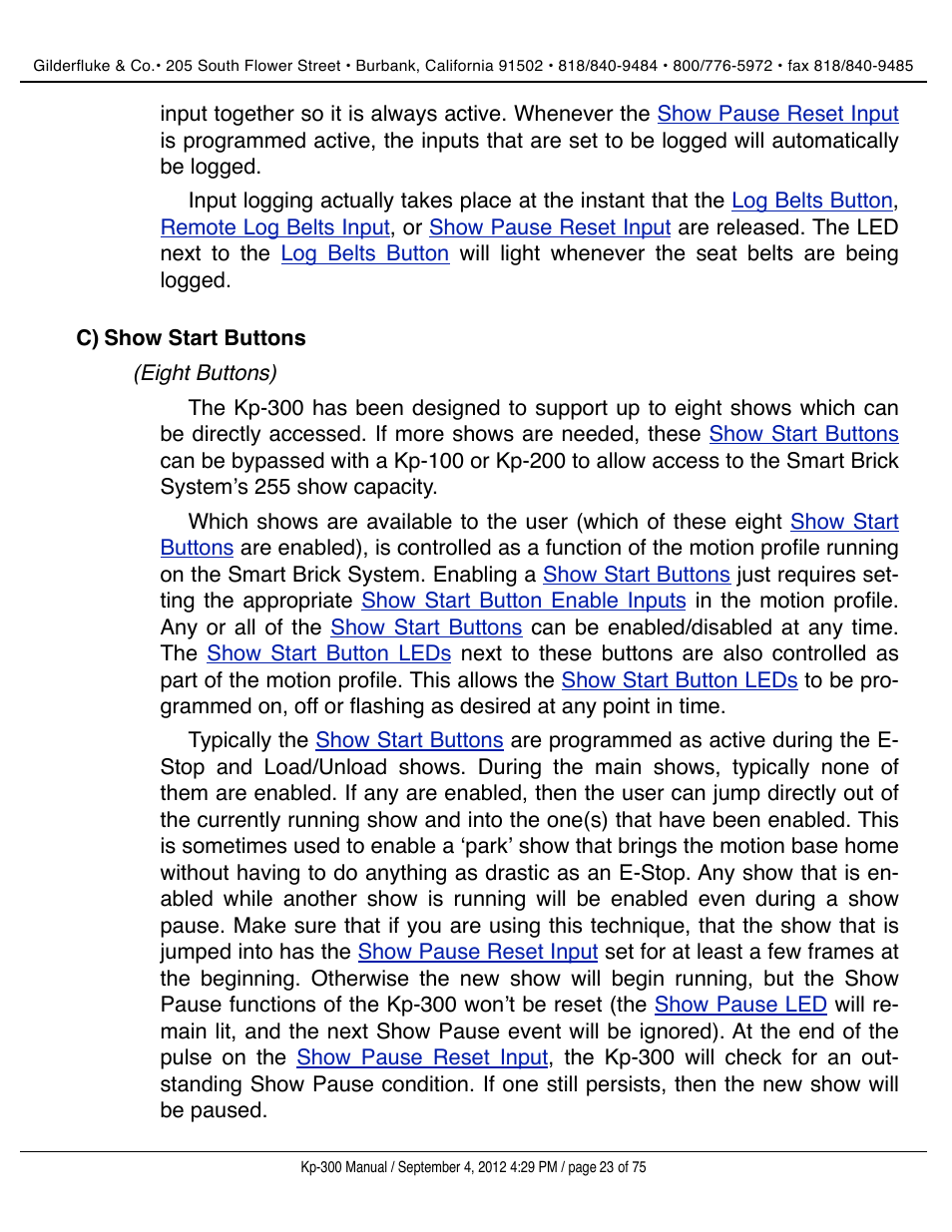 Show start buttons, Show, Start button | Show start, Buttons | Gilderfluke&Co KP-300 Smart Brick Control Panel User Manual | Page 23 / 75