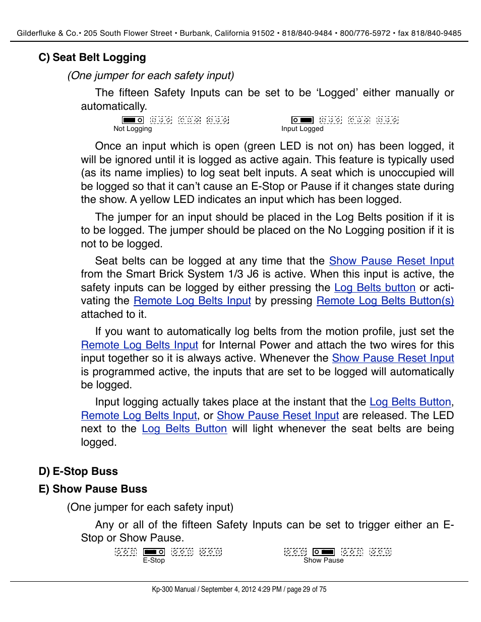 Seat belt logging, E-stop buss, Show pause buss | Gilderfluke&Co KP-300 Smart Brick Control Panel User Manual | Page 29 / 75
