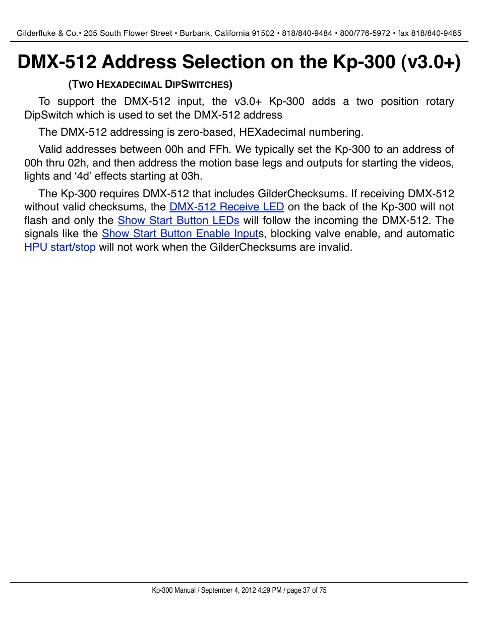 Dmx-512 address selection on the kp-300 (v3.0+) | Gilderfluke&Co KP-300 Smart Brick Control Panel User Manual | Page 37 / 75