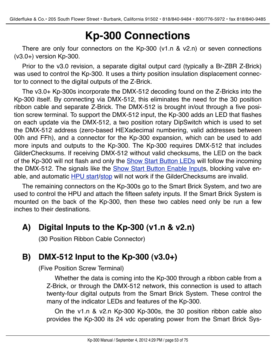 Kp-300 connections, Digital inputs to the kp-300 (v1.n & v2.n), Dmx-512 input to the kp-300 (v3.0+) | Gilderfluke&Co KP-300 Smart Brick Control Panel User Manual | Page 53 / 75