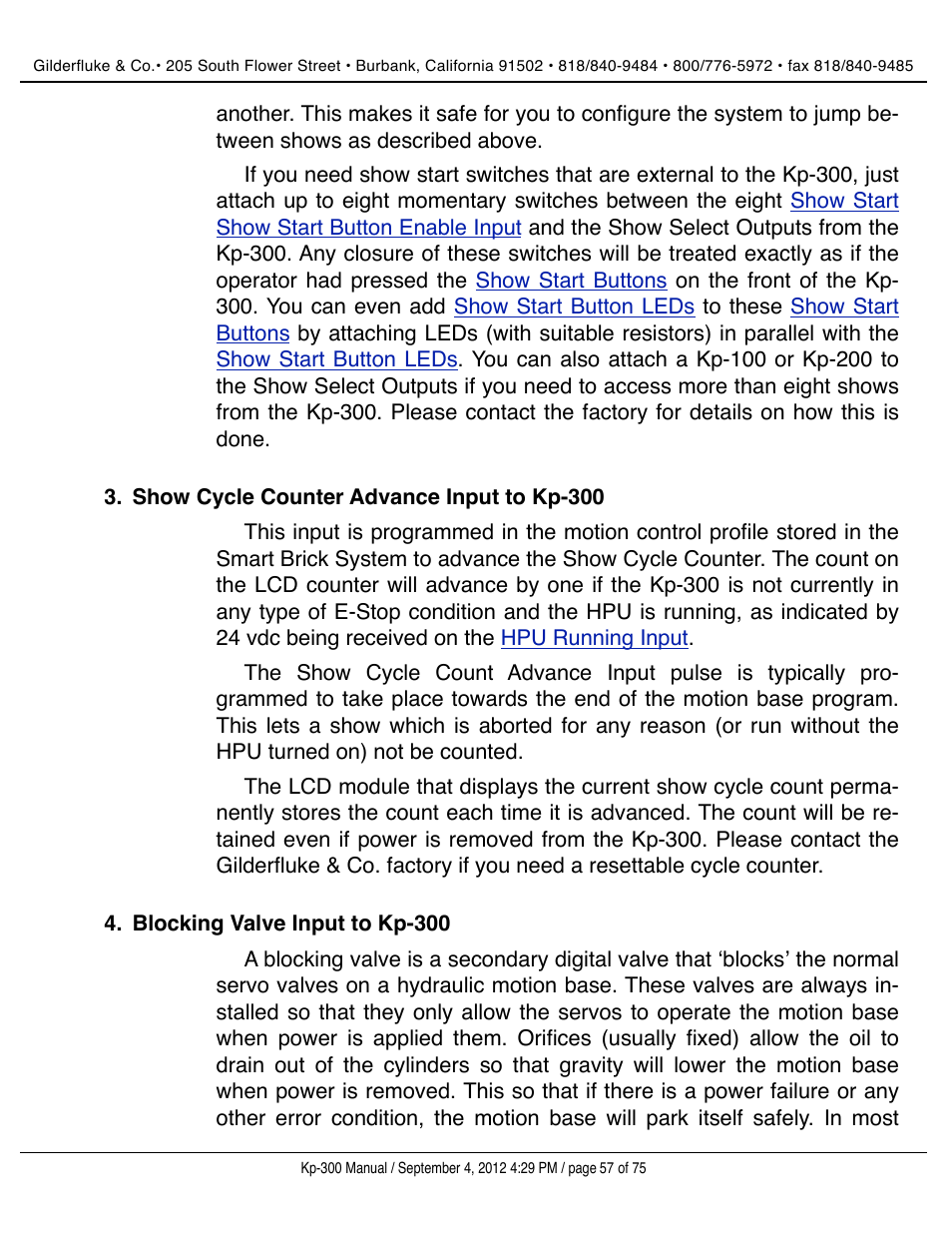 Show cycle counter advance input to kp-300, Blocking valve input to kp-300, ʻcycle counterʼ | Cycle counter, Show cycle counter input, Blocking valve input | Gilderfluke&Co KP-300 Smart Brick Control Panel User Manual | Page 57 / 75