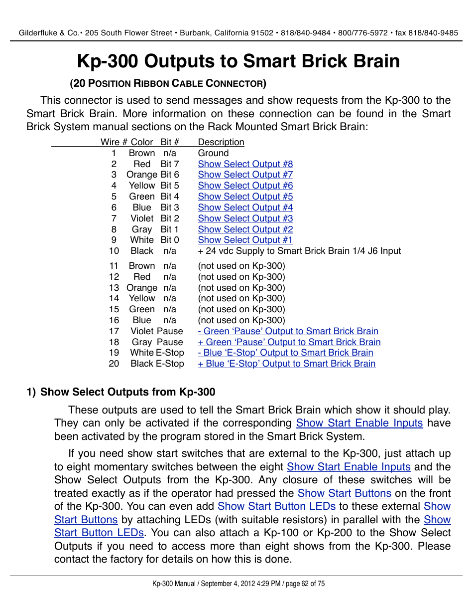 Kp-300 outputs to smart brick brain, Show select outputs from kp-300 | Gilderfluke&Co KP-300 Smart Brick Control Panel User Manual | Page 62 / 75