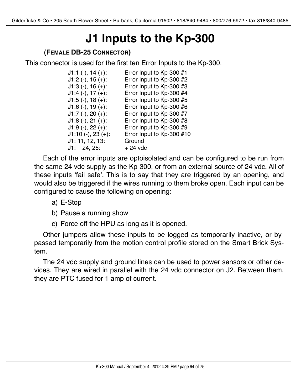 J1 inputs to the kp-300 | Gilderfluke&Co KP-300 Smart Brick Control Panel User Manual | Page 64 / 75
