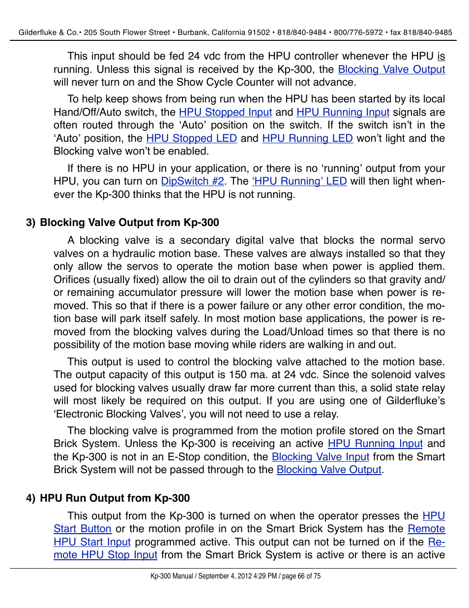 Blocking valve output from kp-300, Hpu run output from kp-300, Blocking valve output | Blocking valve, Output, Run output, Blocking valve out, Block, Ing valve output, Blocking | Gilderfluke&Co KP-300 Smart Brick Control Panel User Manual | Page 66 / 75
