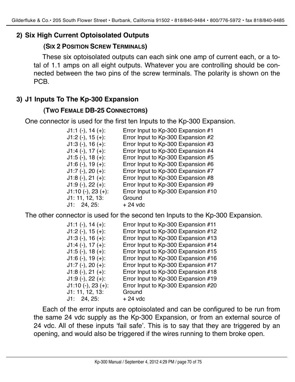 Six high current optoisolated outputs, J1 inputs to the kp-300 expansion | Gilderfluke&Co KP-300 Smart Brick Control Panel User Manual | Page 70 / 75