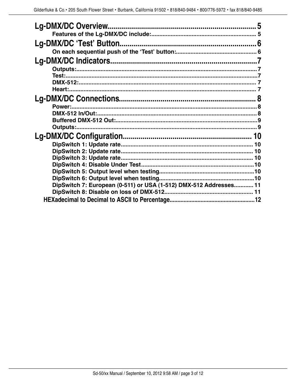 Lg-dmx/dc overview 5, Lg-dmx/dc ‘test’ button 6, Lg-dmx/dc indicators 7 | Lg-dmx/dc connections 8, Lg-dmx/dc configuration 10 | Gilderfluke&Co DMX-512 Input DC Dimmer User Manual | Page 3 / 12