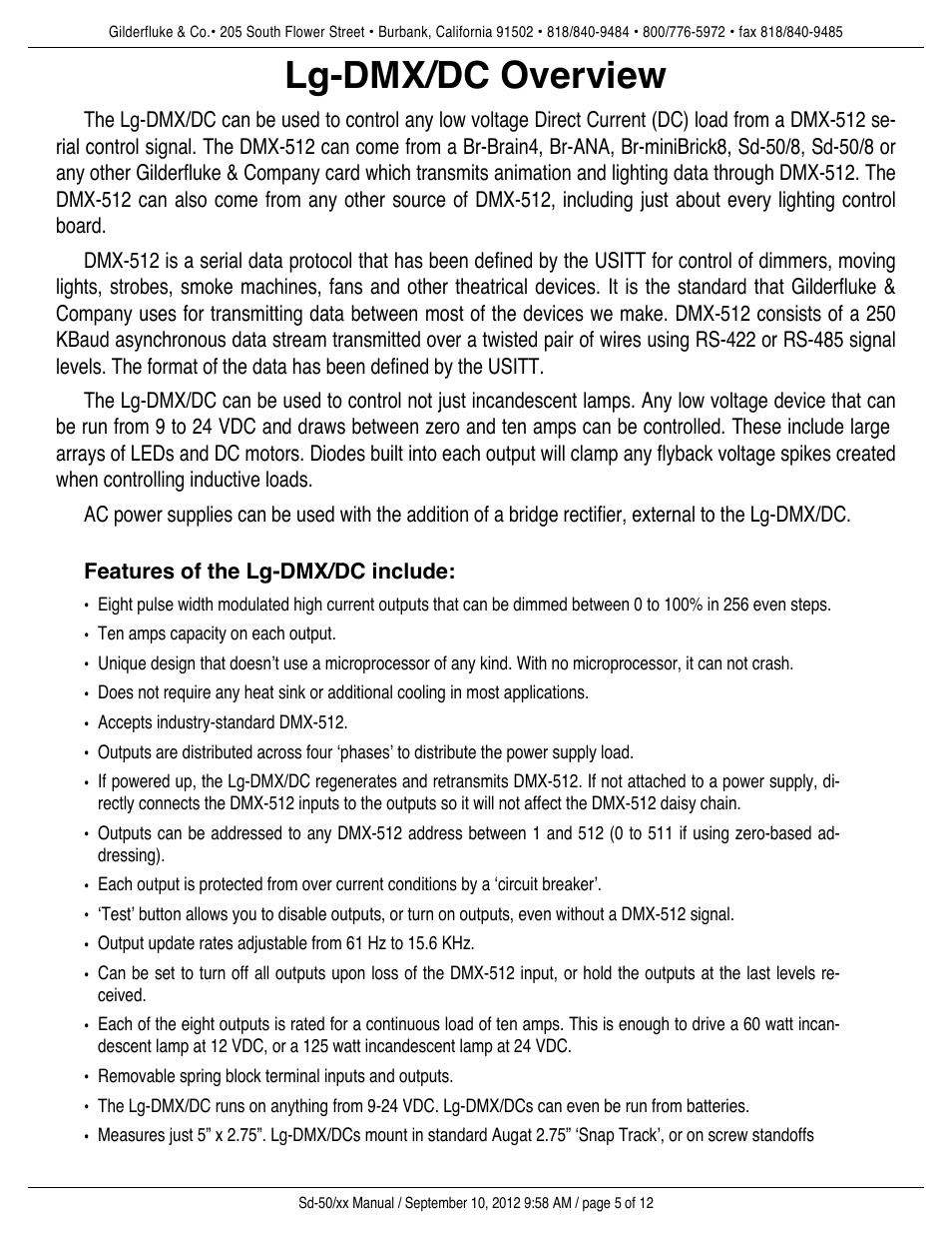 Lg-dmx/dc overview, Features of the lg-dmx/dc include | Gilderfluke&Co DMX-512 Input DC Dimmer User Manual | Page 5 / 12