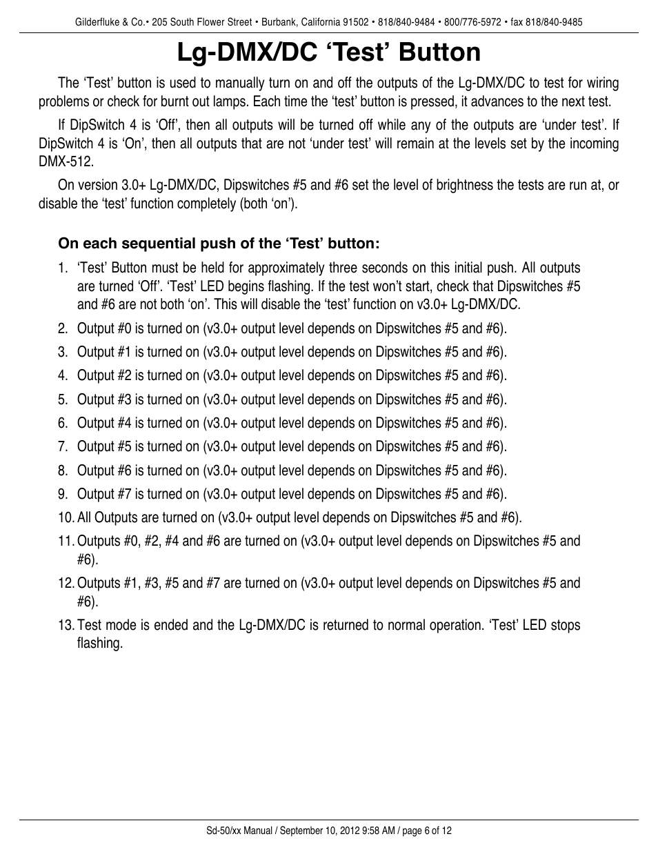 Lg-dmx/dc ‘test’ button, On each sequential push of the ʻtestʼ button, Lg-dmx/dc ʻtestʼ button | Gilderfluke&Co DMX-512 Input DC Dimmer User Manual | Page 6 / 12
